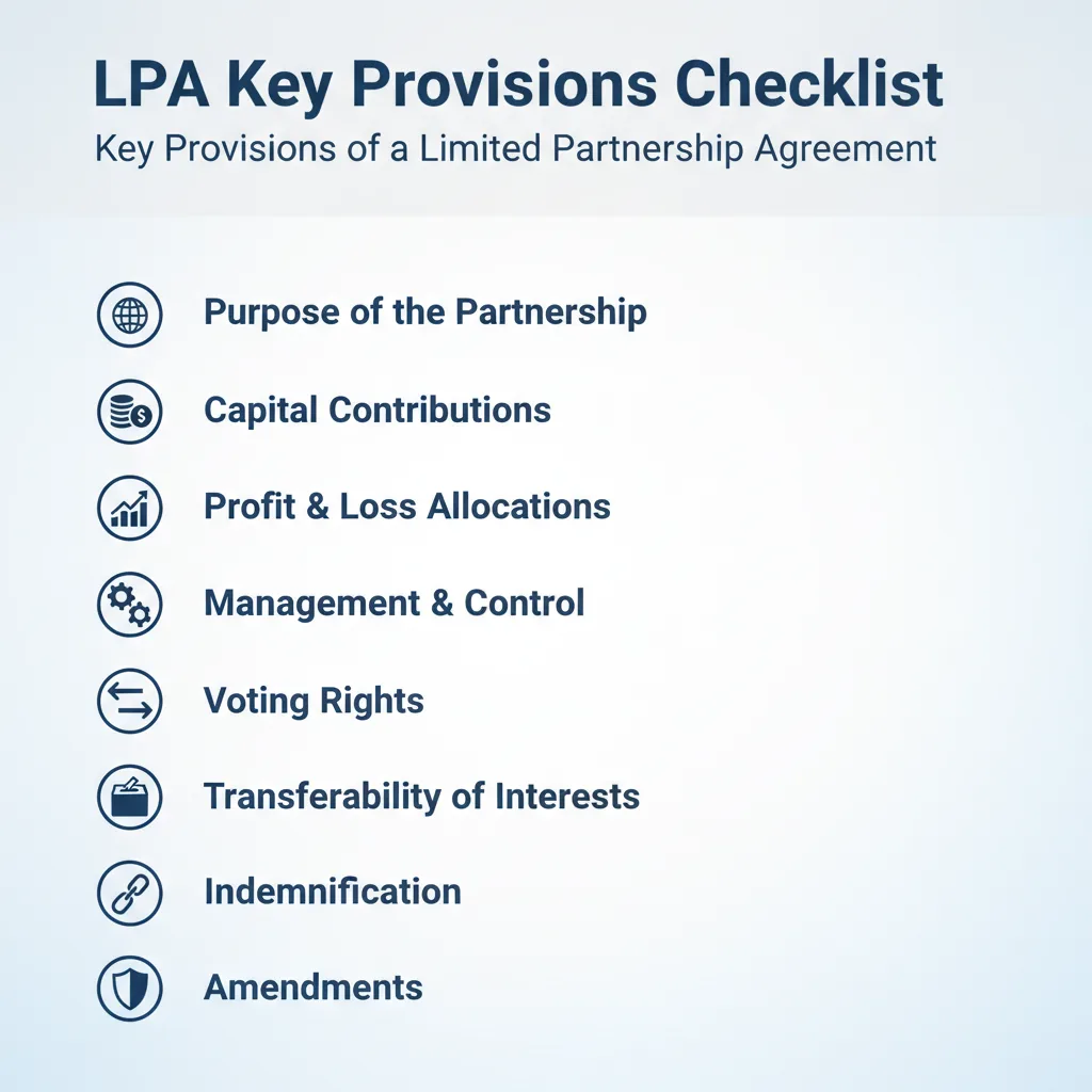 Checklist of key provisions typically found in a Limited Partnership Agreement, including purpose, capital contributions, profit allocation, management, and dissolution.