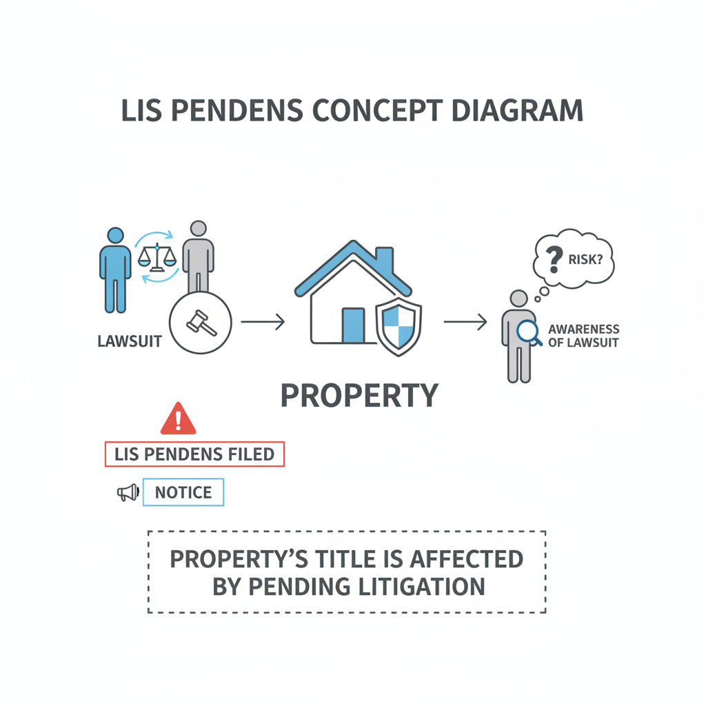 Diagram illustrating a property with a lis pendens filed, showing how a pending lawsuit affects its title and alerts potential buyers or lenders.