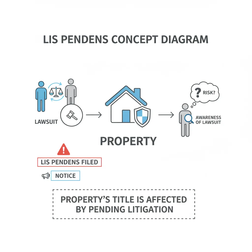 Diagram illustrating a property with a lis pendens filed, showing how a pending lawsuit affects its title and alerts potential buyers or lenders.