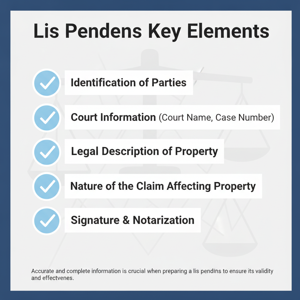Checklist graphic outlining the typical required elements for filing a lis pendens, including parties, court information, property description, and claim nature.