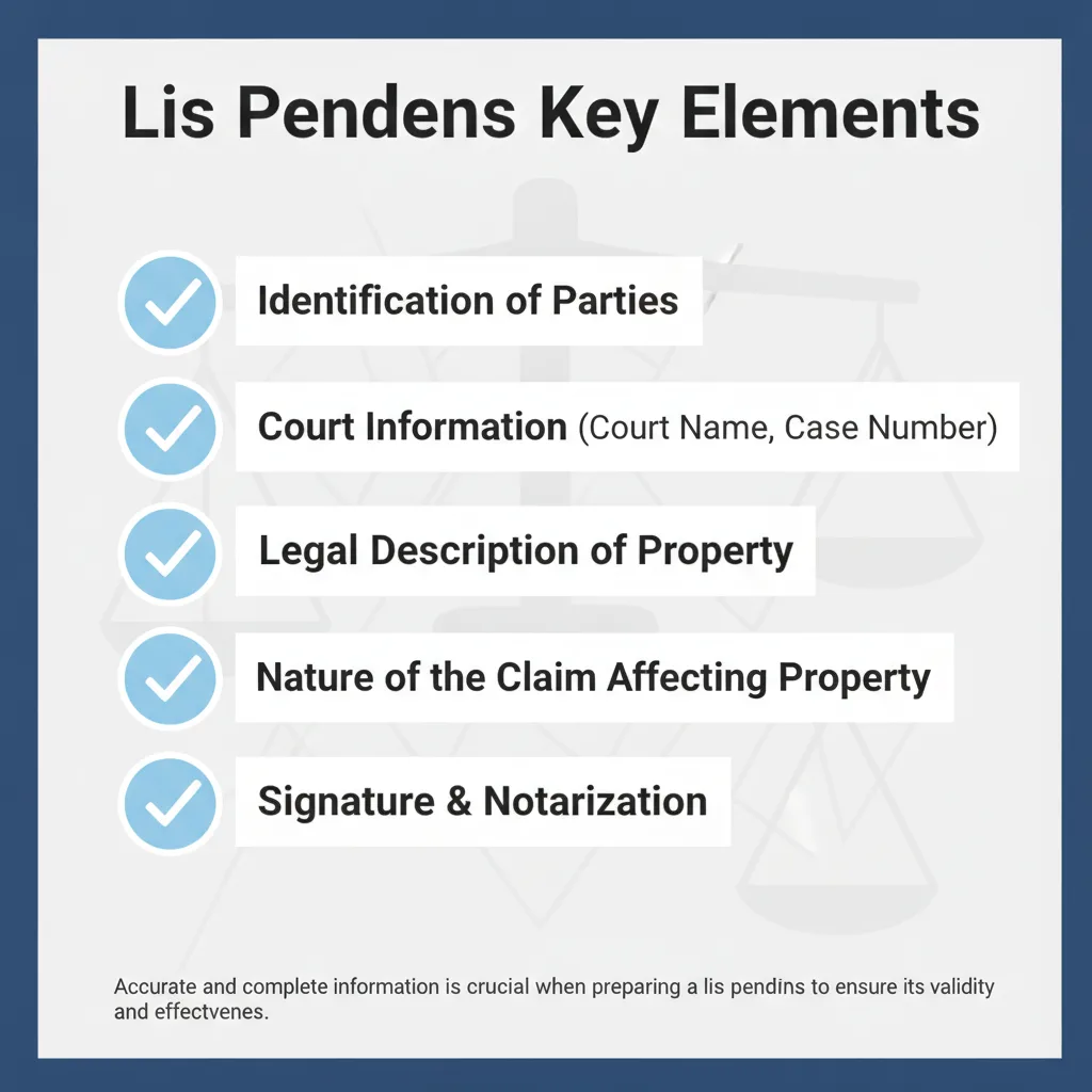 Checklist graphic outlining the typical required elements for filing a lis pendens, including parties, court information, property description, and claim nature.