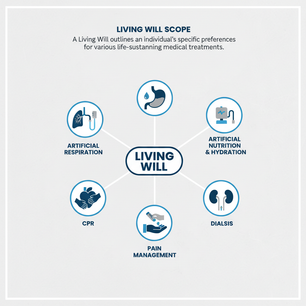Diagram showing the scope of a Living Will and the types of medical decisions it covers.