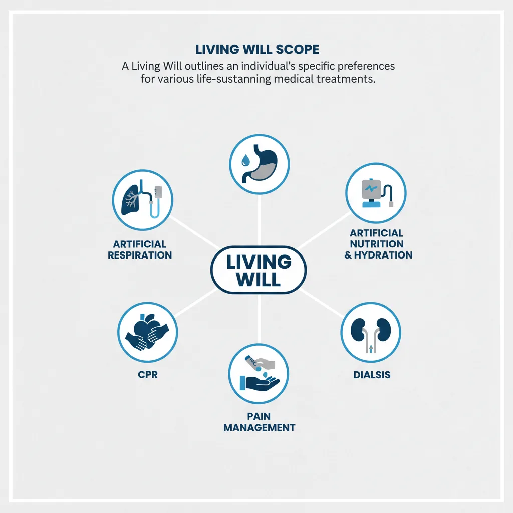 Diagram showing the scope of a Living Will and the types of medical decisions it covers.
