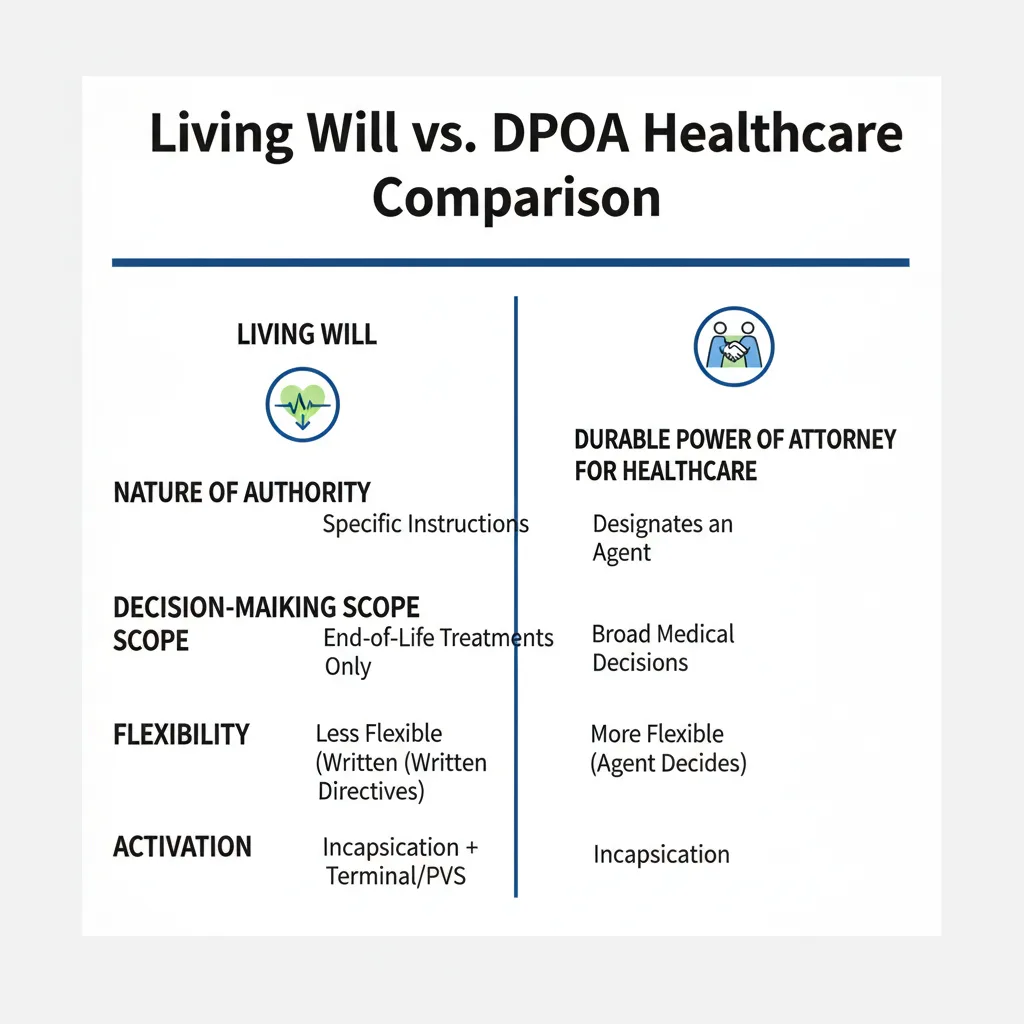 Comparison chart outlining the differences between a Living Will and a Durable Power of Attorney for Healthcare.