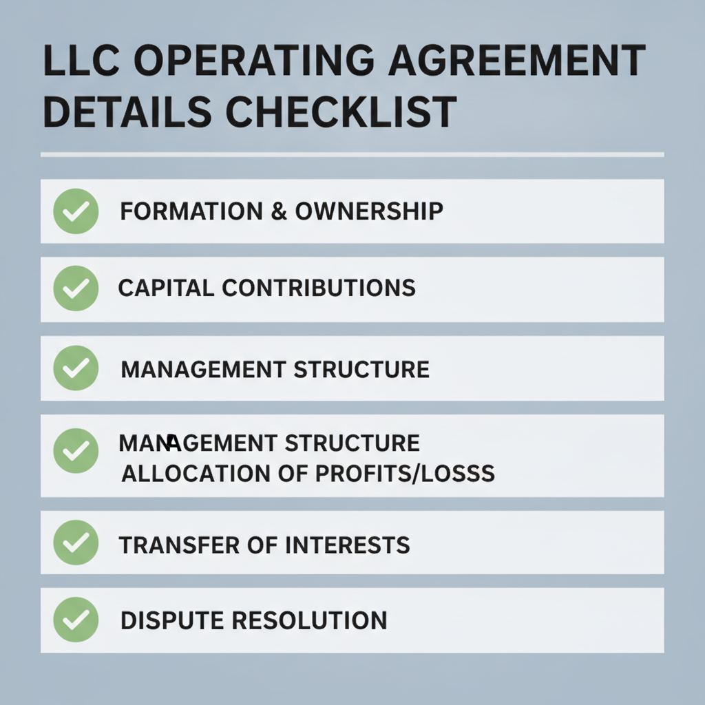 Checklist of details commonly addressed in a LLC Operating Agreement.
