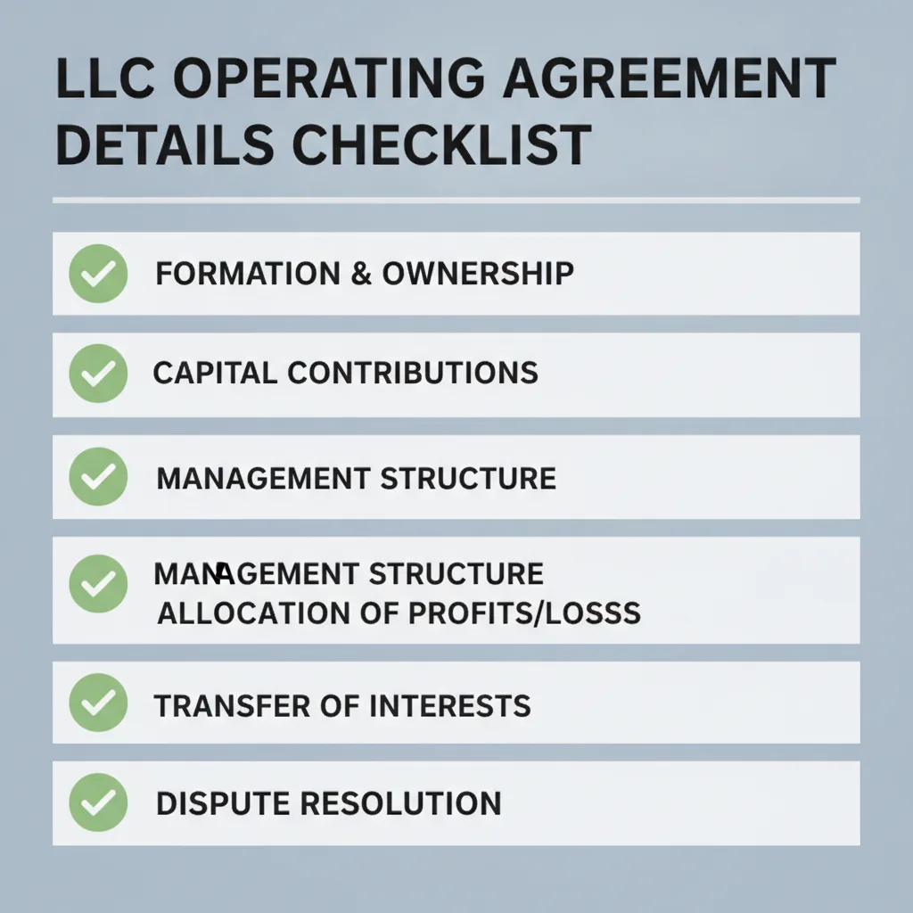 Checklist of details commonly addressed in a LLC Operating Agreement.