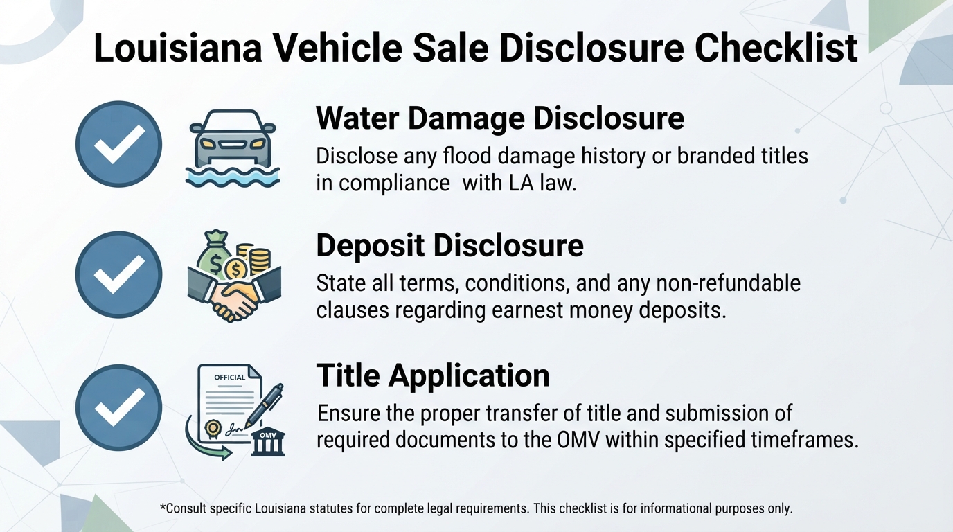 Checklist of statutory disclosures and requirements for selling a vehicle in Louisiana.