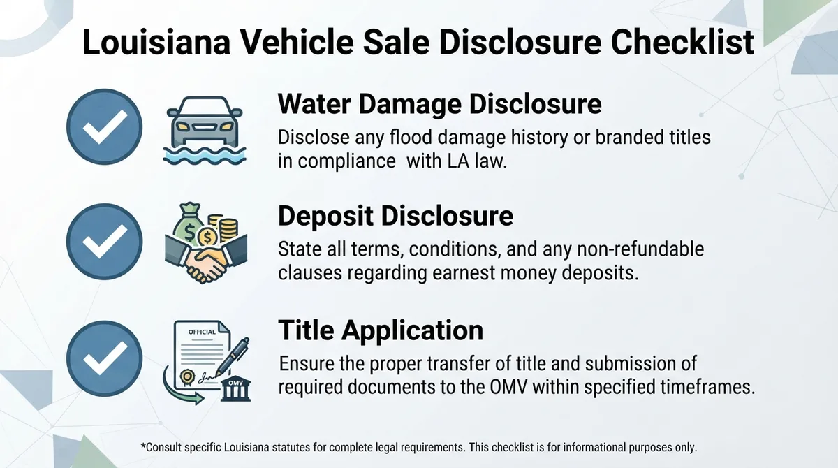 Checklist of statutory disclosures and requirements for selling a vehicle in Louisiana.