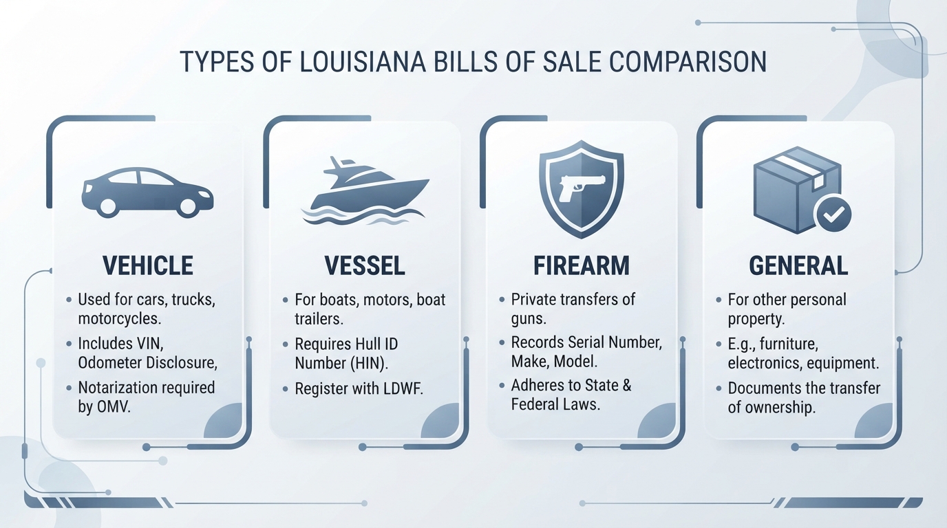 Comparison infographic of the four main types of Louisiana Bills of Sale: Vehicle, Vessel, Firearm, and General.