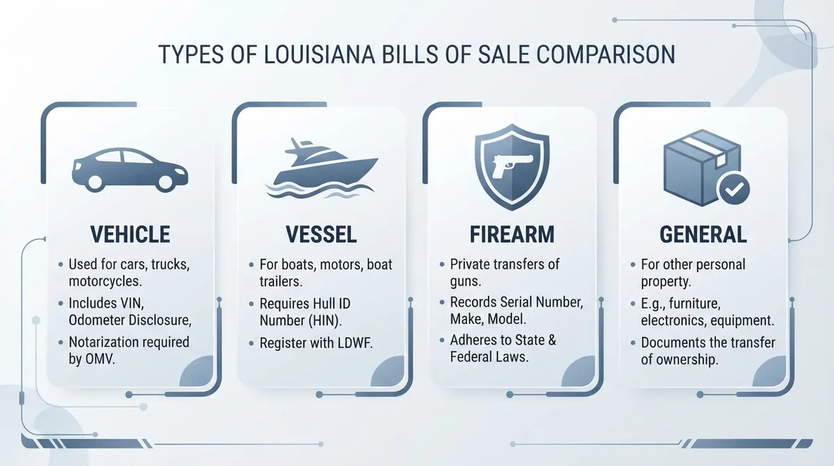 Comparison infographic of the four main types of Louisiana Bills of Sale: Vehicle, Vessel, Firearm, and General.