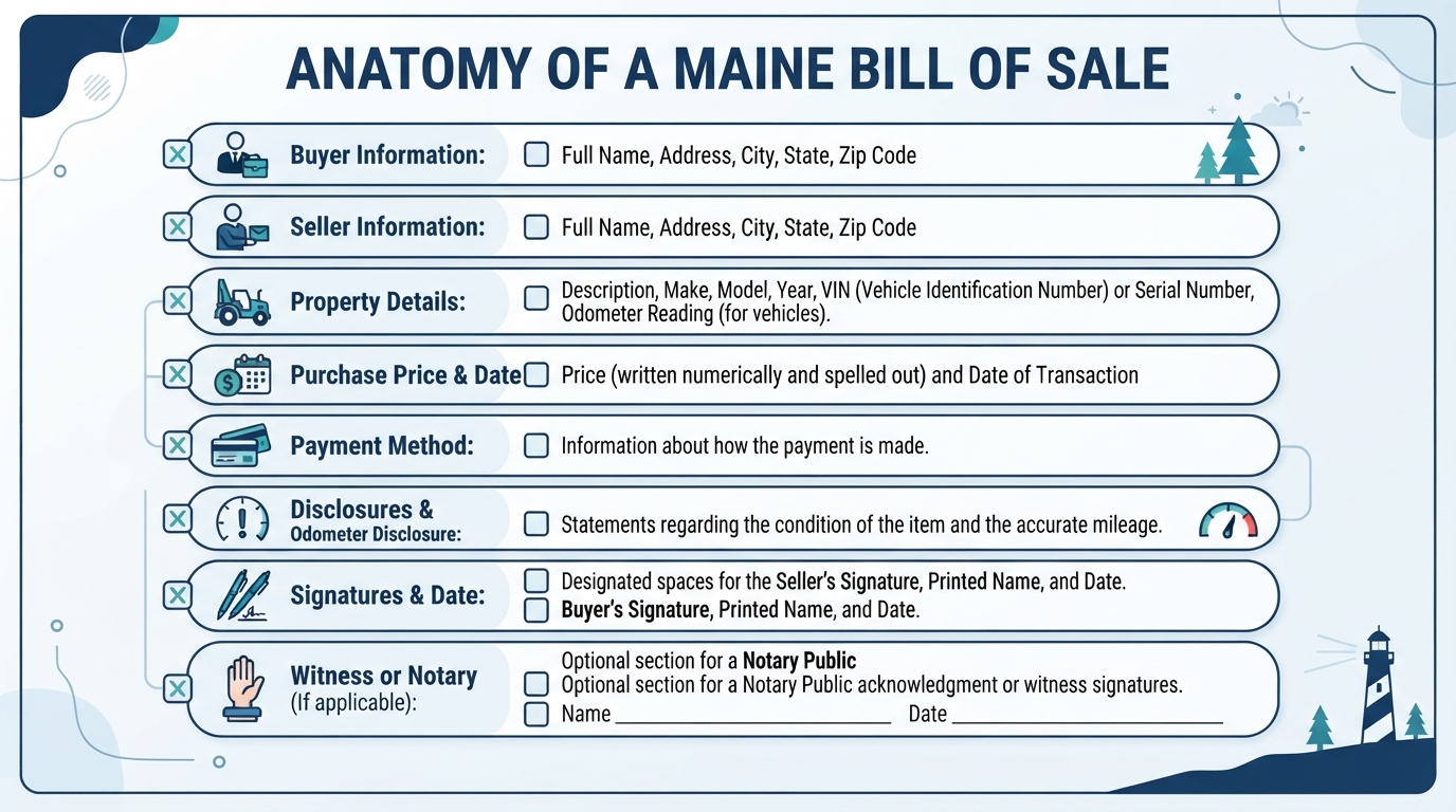 Checklist of required elements for a Maine Bill of Sale.