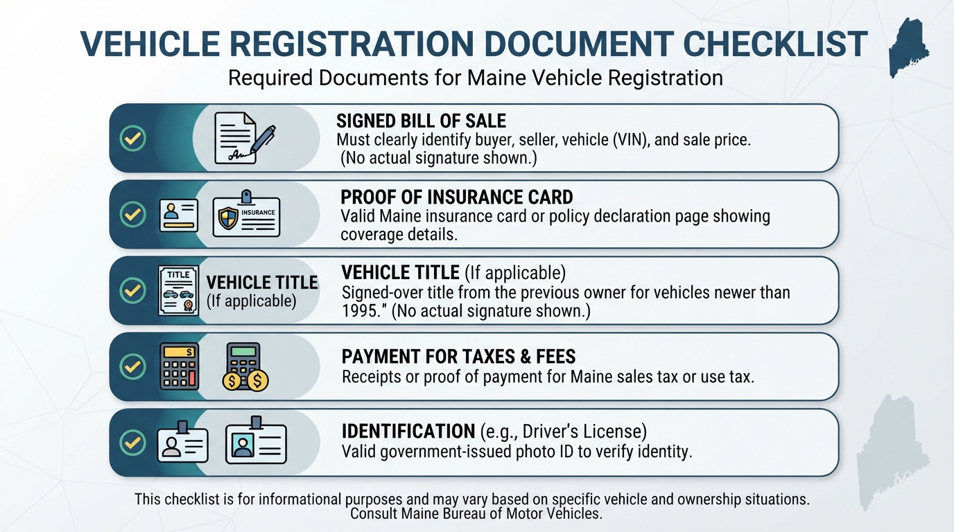 Documents required for Maine vehicle registration.