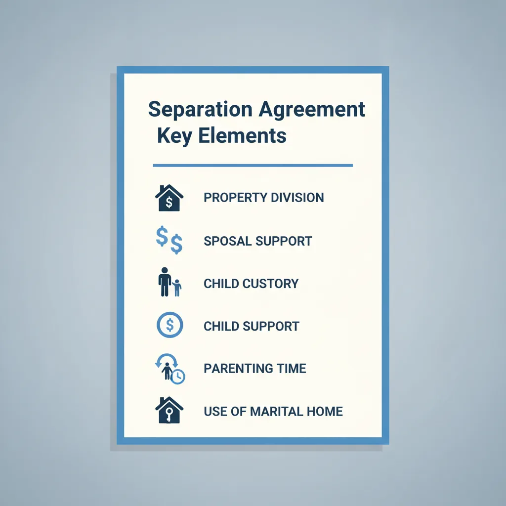 Infographic showing a checklist of key provisions in a Marriage Separation Agreement, including property division, spousal support, and child custody.