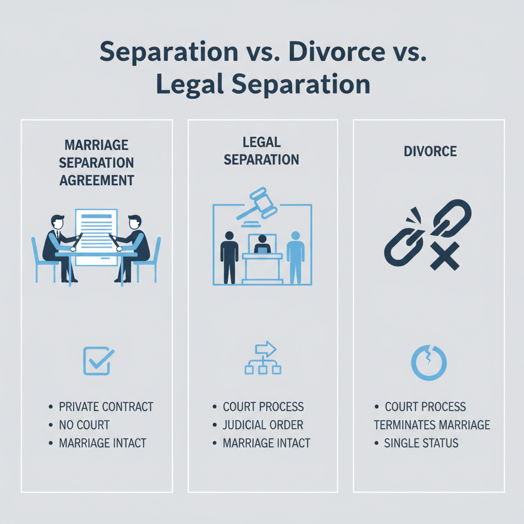 Comparison graphic illustrating the differences between a Marriage Separation Agreement (private contract), Legal Separation (court process, marriage intact), and Divorce (court pr