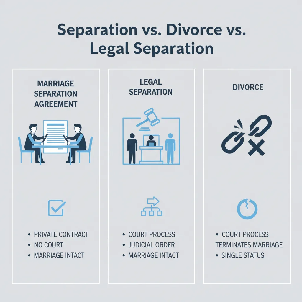 Comparison graphic illustrating the differences between a Marriage Separation Agreement (private contract), Legal Separation (court process, marriage intact), and Divorce (court pr