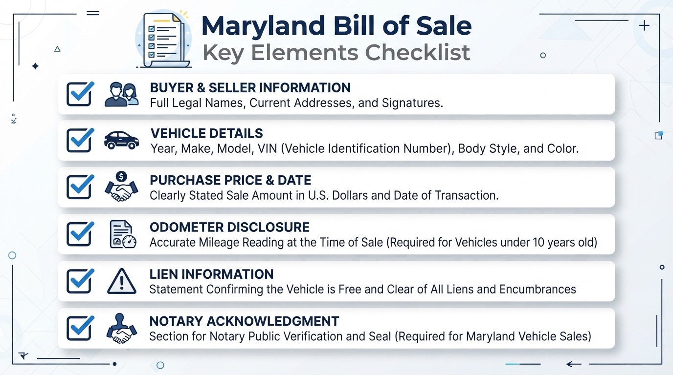 An infographic checklist outlining the key elements required in a Maryland Bill of Sale.