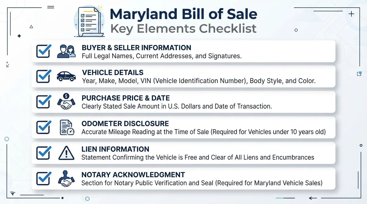 An infographic checklist outlining the key elements required in a Maryland Bill of Sale.