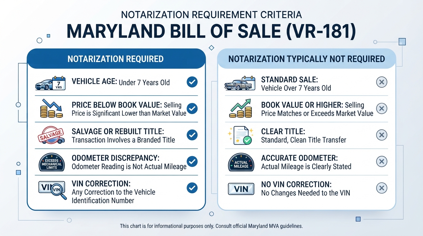 A comparison chart showing when notarization is required for Maryland Form VR-181.