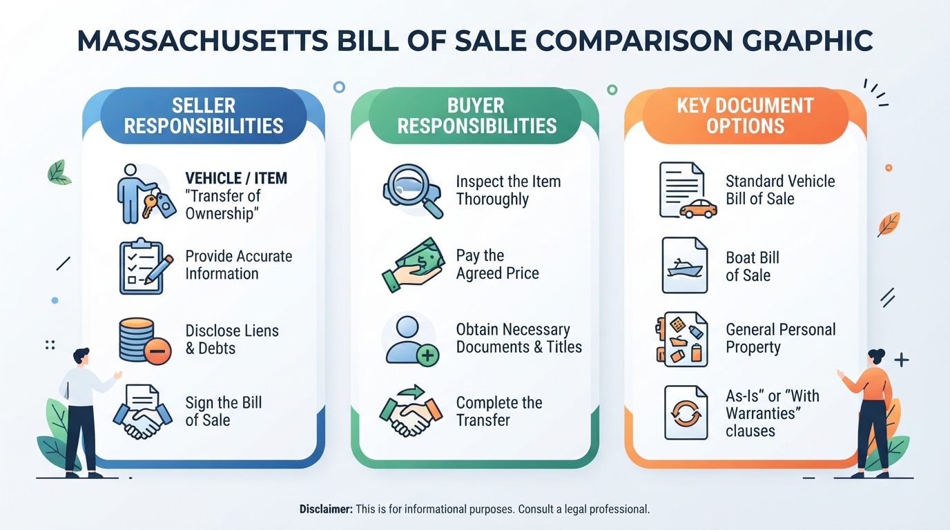 Comparison graphic explaining concepts related to a Massachusetts Bill of Sale.