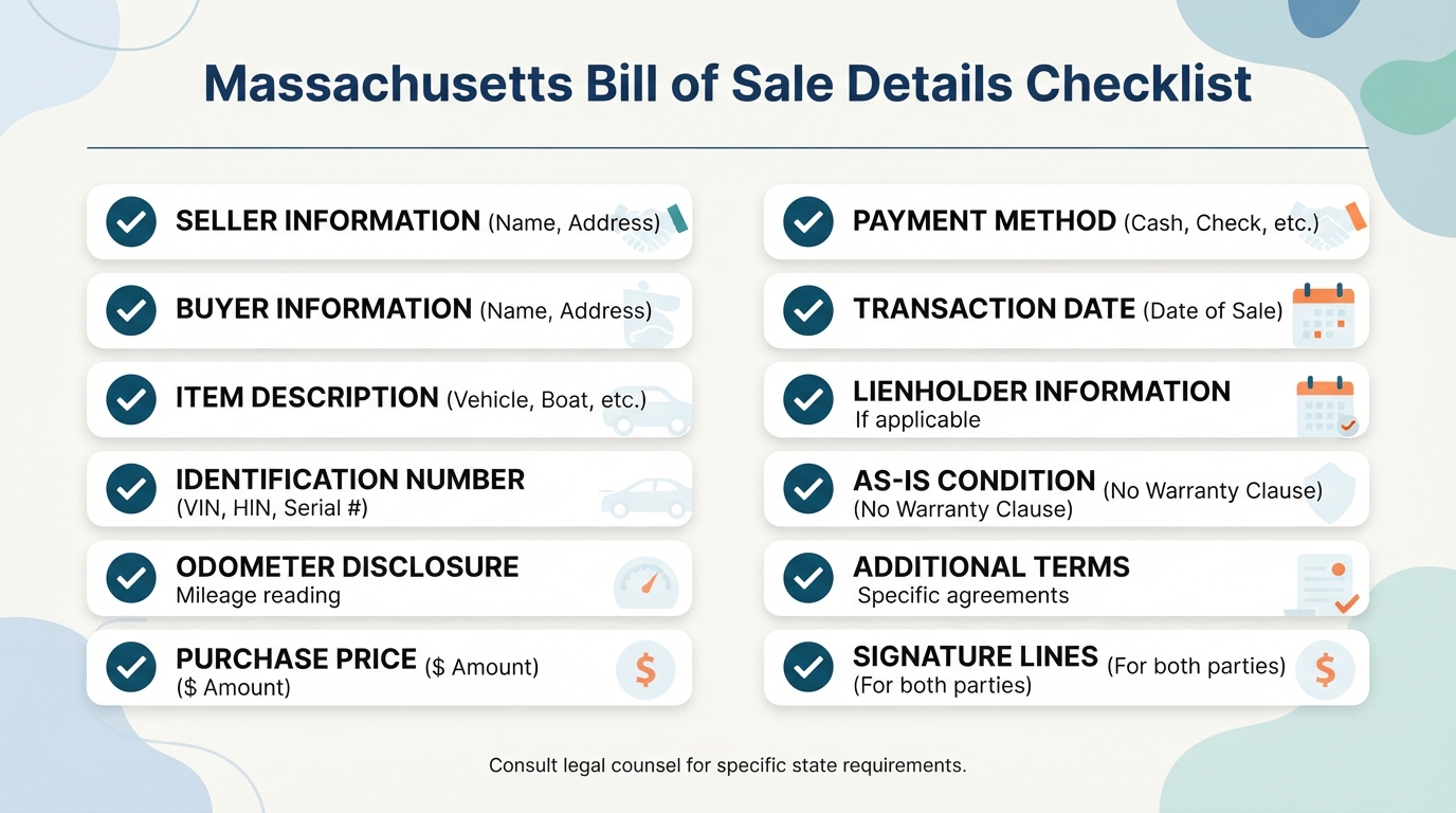 Checklist of details commonly addressed in a Massachusetts Bill of Sale.