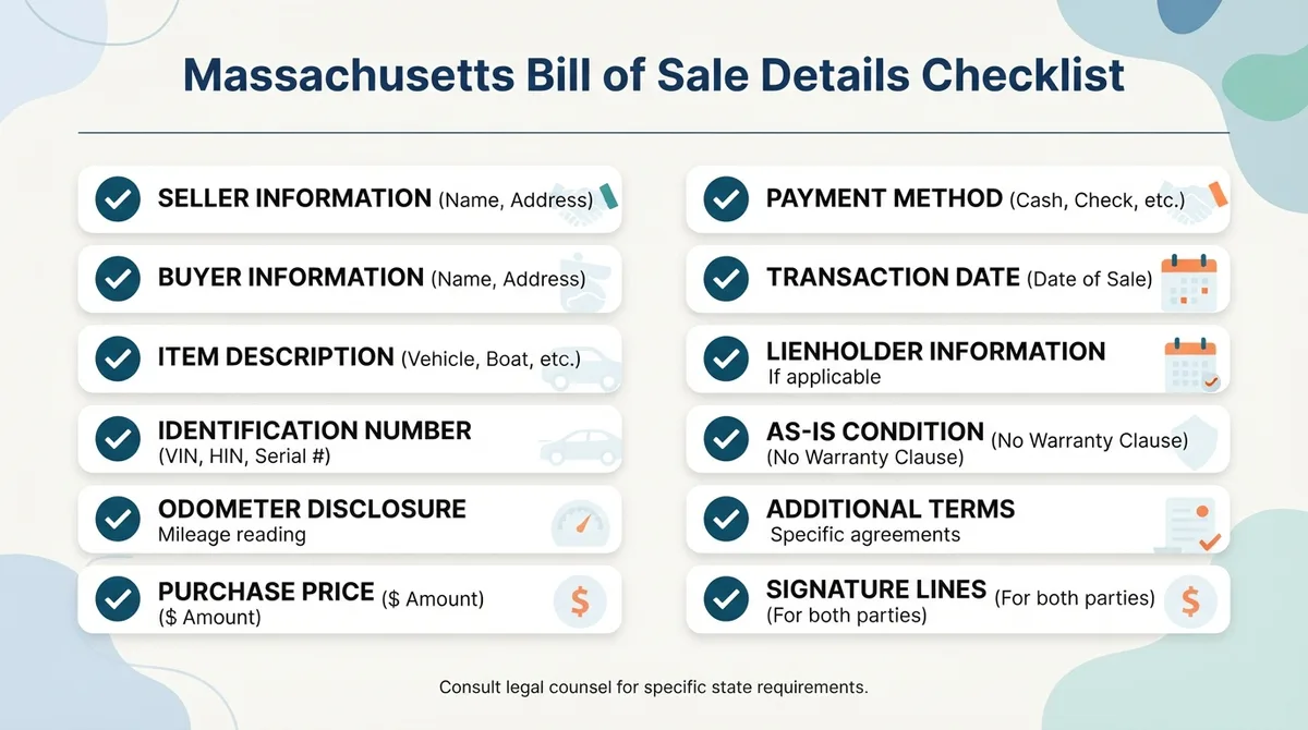 Checklist of details commonly addressed in a Massachusetts Bill of Sale.