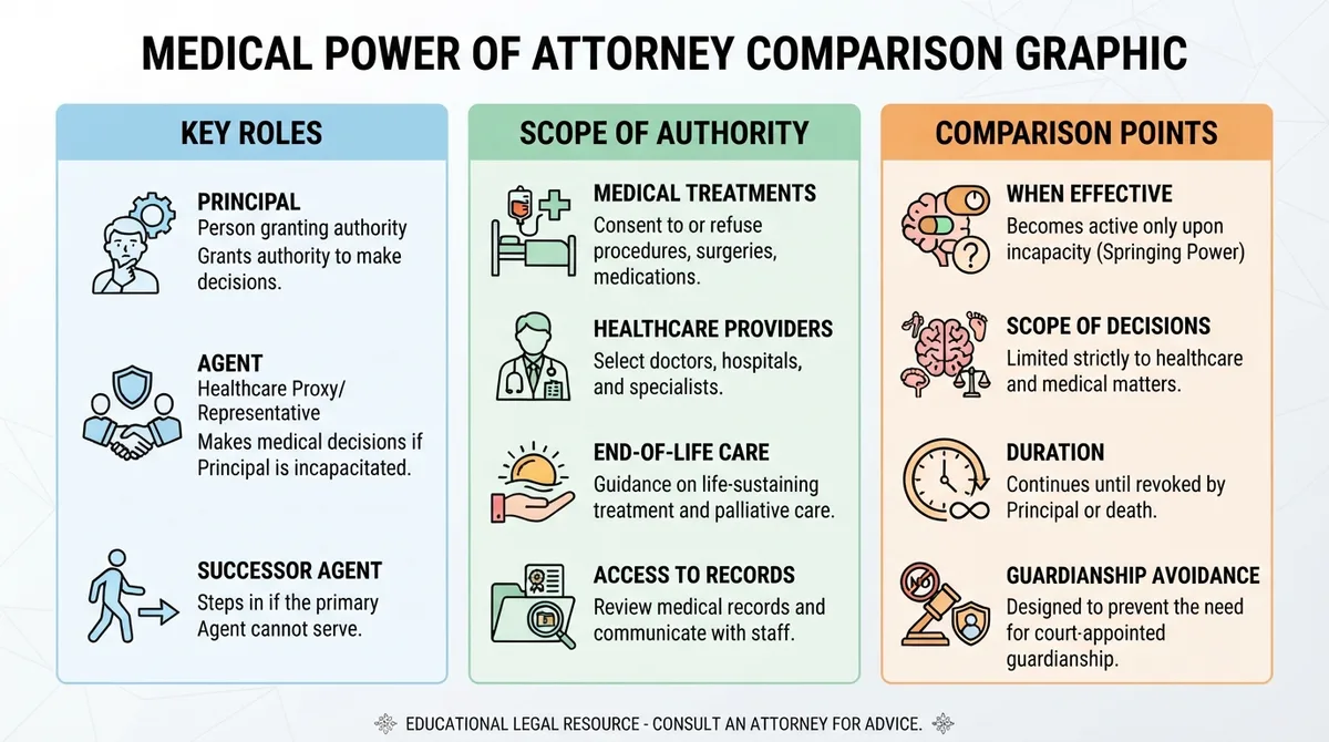 Comparison graphic explaining concepts related to a Medical Power of Attorney.