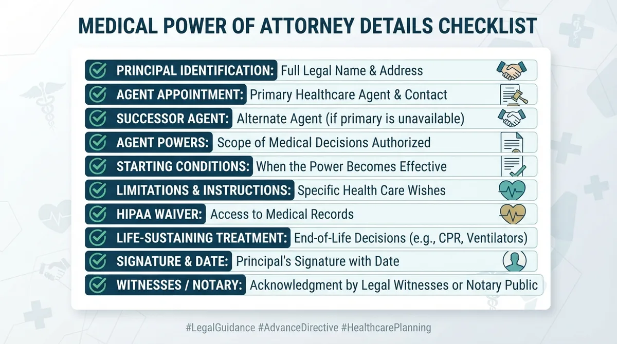 Checklist of details commonly addressed in a Medical Power of Attorney.