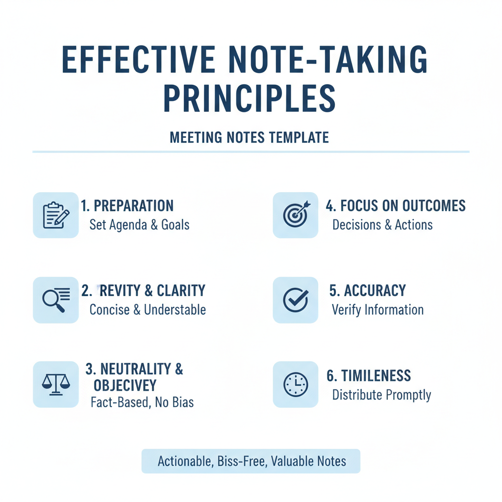 Checklist graphic outlining principles for effective meeting note-taking, such as preparation, brevity, neutrality, focus on outcomes, accuracy, and timeliness.