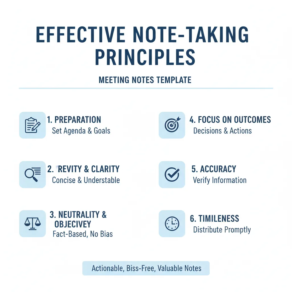 Checklist graphic outlining principles for effective meeting note-taking, such as preparation, brevity, neutrality, focus on outcomes, accuracy, and timeliness.