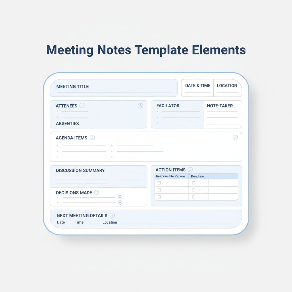 Diagram showing the essential components of a meeting notes template, including meeting title, date, attendees, agenda, decisions, and action items.