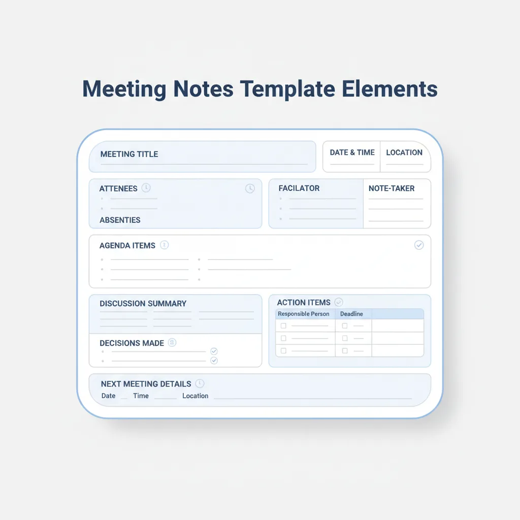 Diagram showing the essential components of a meeting notes template, including meeting title, date, attendees, agenda, decisions, and action items.