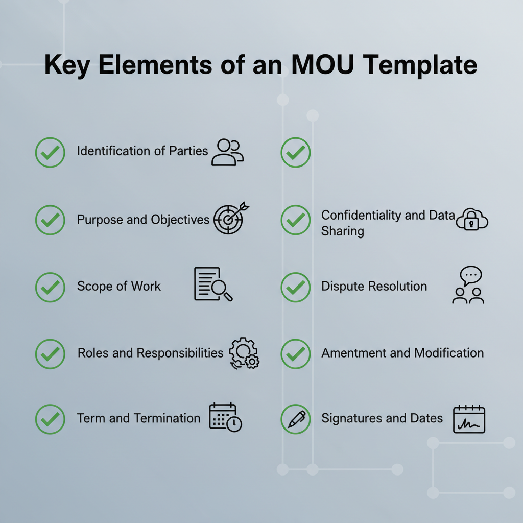 Checklist graphic outlining the key elements typically found in an MOU template.