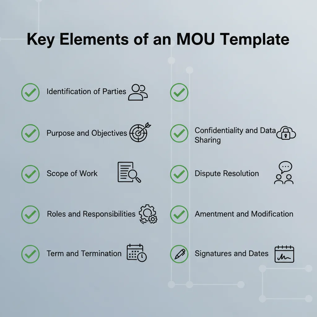 Checklist graphic outlining the key elements typically found in an MOU template.