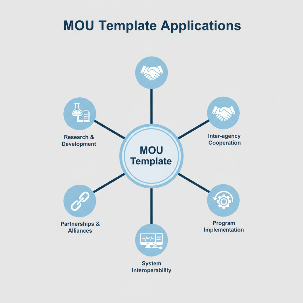 Diagram showing various applications of an MOU template, including inter-agency cooperation and program implementation.
