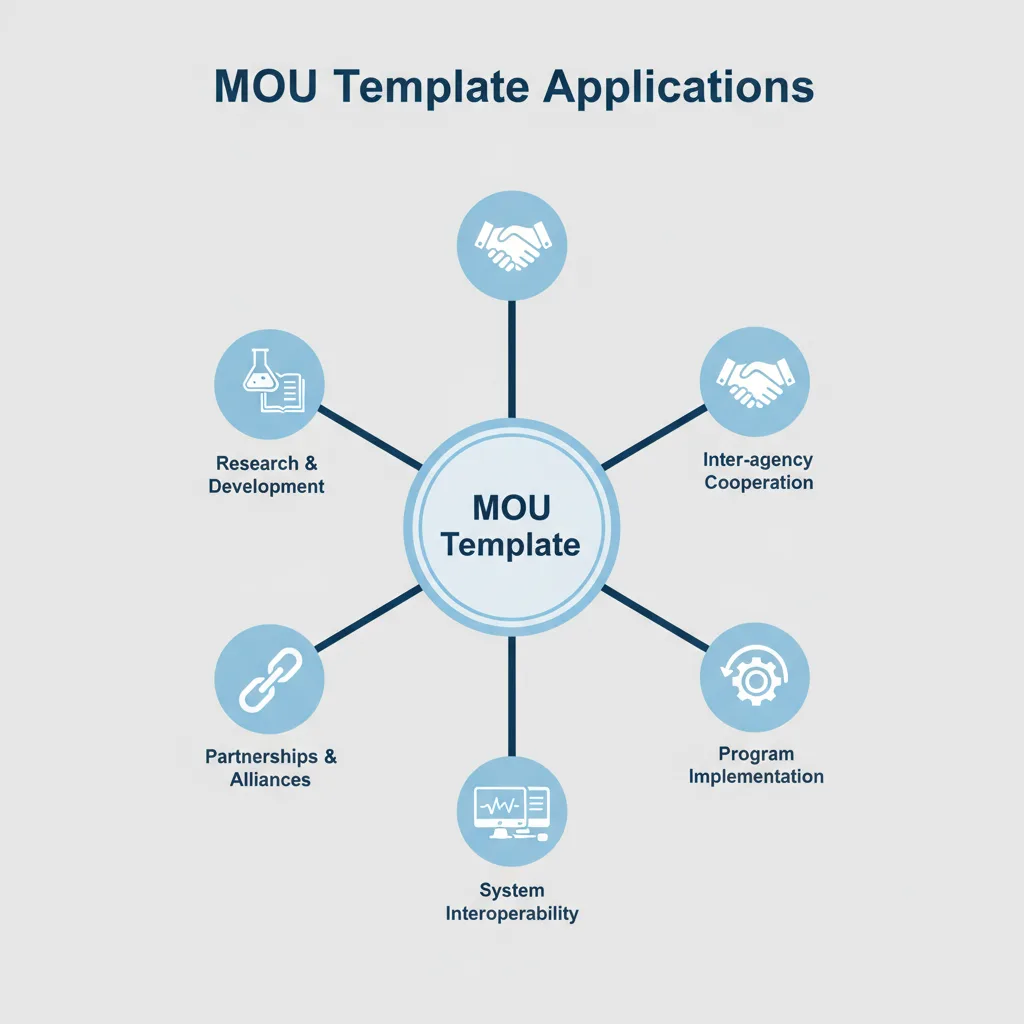 Diagram showing various applications of an MOU template, including inter-agency cooperation and program implementation.