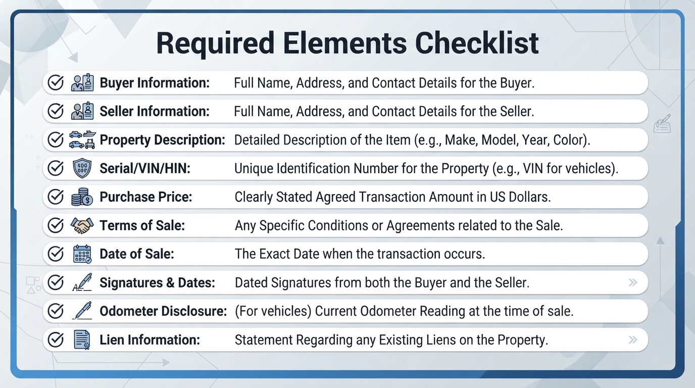 Checklist of required elements for a Michigan Bill of Sale