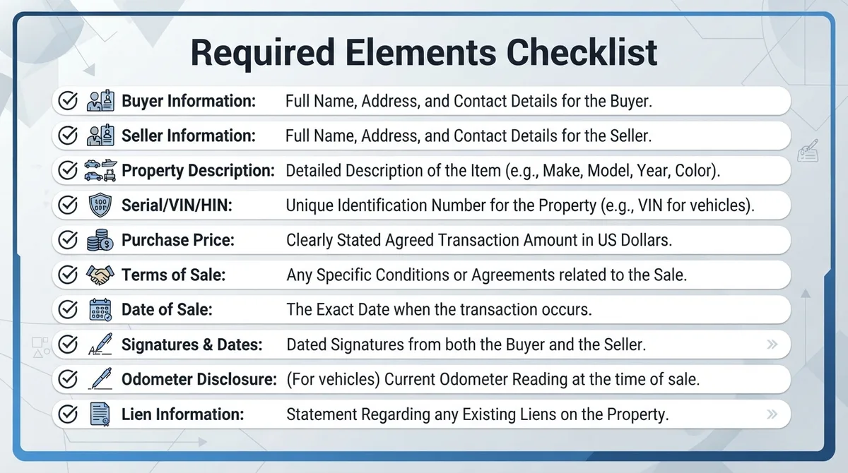 Checklist of required elements for a Michigan Bill of Sale