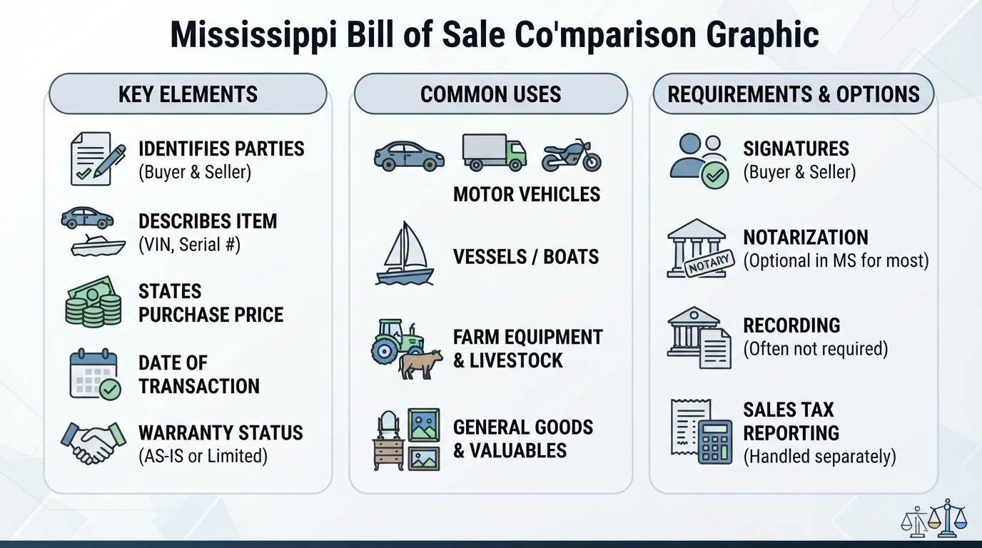 Comparison graphic explaining concepts related to a Mississippi Bill of Sale.