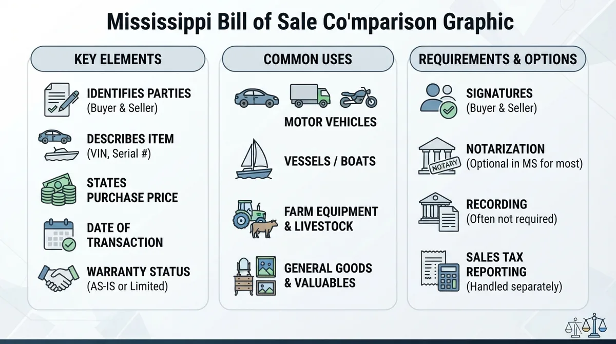 Comparison graphic explaining concepts related to a Mississippi Bill of Sale.