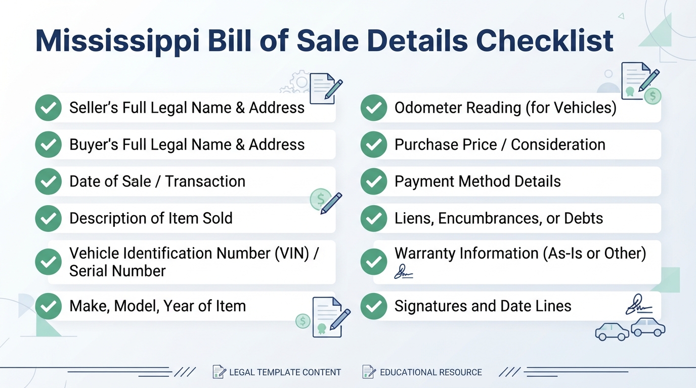 Checklist of details commonly addressed in a Mississippi Bill of Sale.