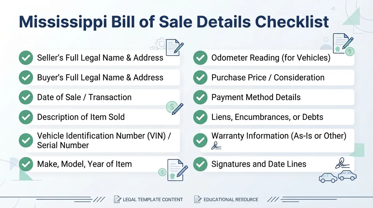 Checklist of details commonly addressed in a Mississippi Bill of Sale.