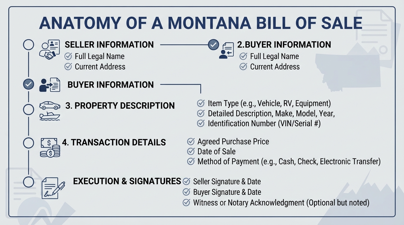 A minimalist checklist showing the key elements required in a bill of sale.