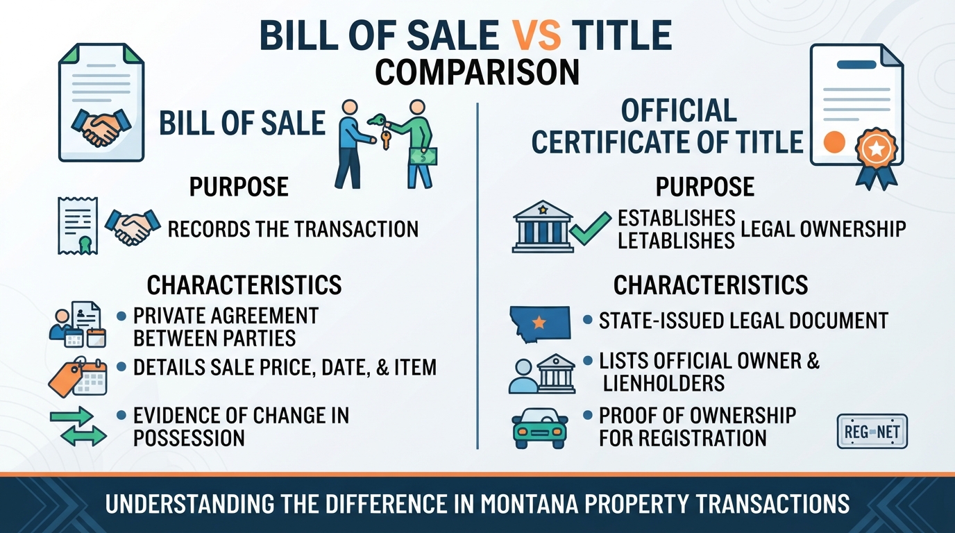 A side-by-side comparison between a bill of sale and an official certificate of title.