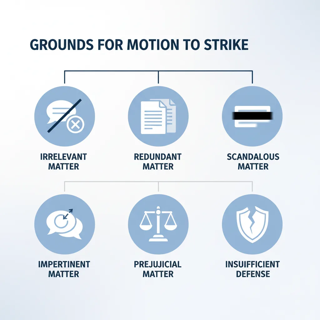 Diagram showing six common grounds for a Motion to Strike: irrelevant, redundant, scandalous, impertinent, prejudicial matter, and insufficient defense.