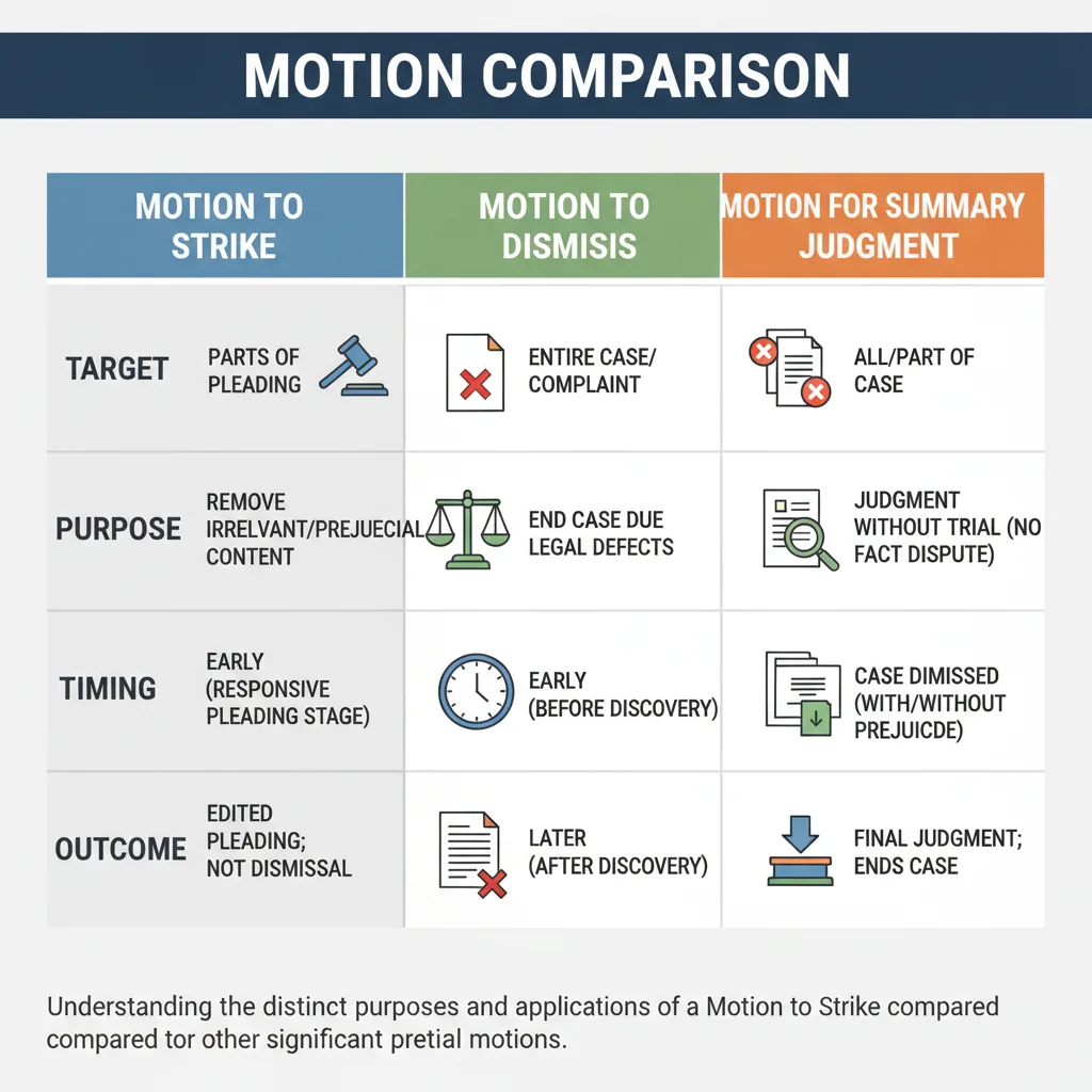 Comparison table highlighting key differences between Motion to Strike, Motion to Dismiss, and Motion for Summary Judgment.