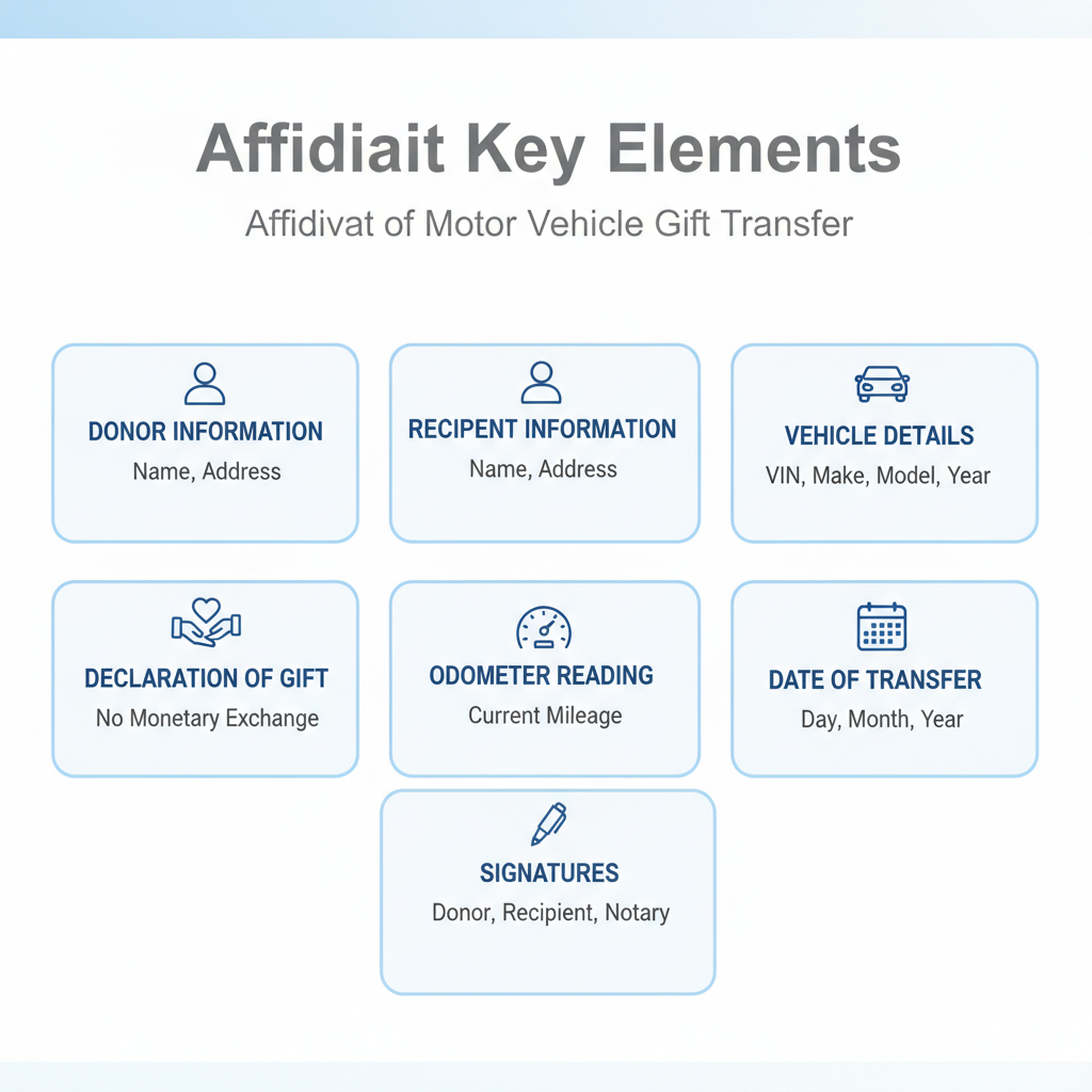 Checklist of key information found in a motor vehicle gift transfer affidavit, including donor and recipient details, vehicle VIN, and a gift declaration.