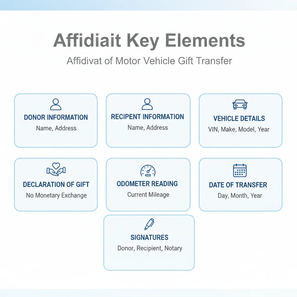 Checklist of key information found in a motor vehicle gift transfer affidavit, including donor and recipient details, vehicle VIN, and a gift declaration.