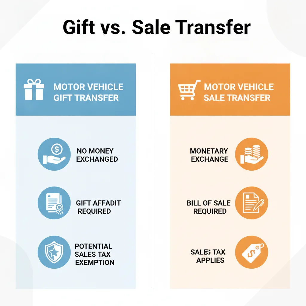 Comparison graphic showing the differences between gifting a motor vehicle and selling one, highlighting monetary exchange, required documents, and sales tax implications.