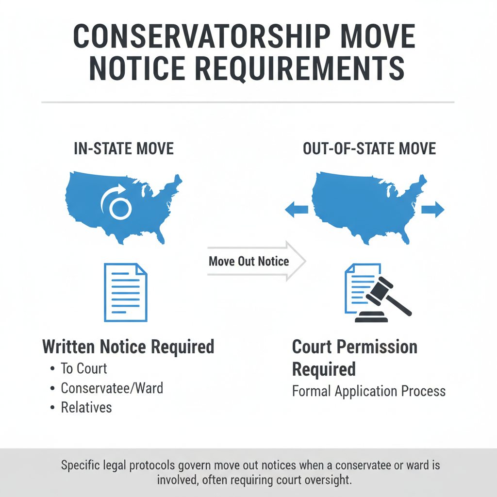 Diagram showing different notice requirements for moving a conservatee or ward: written notice for in-state moves and court permission for out-of-state moves.