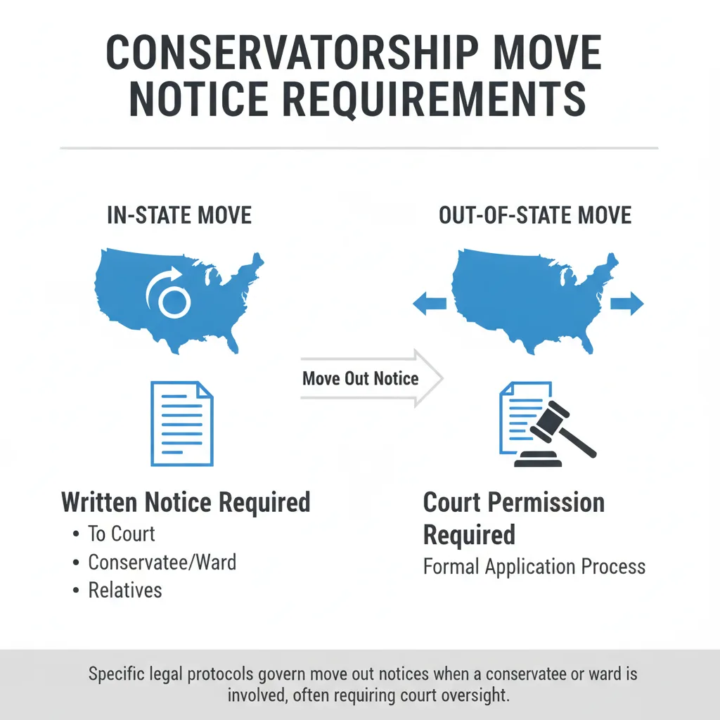 Diagram showing different notice requirements for moving a conservatee or ward: written notice for in-state moves and court permission for out-of-state moves.